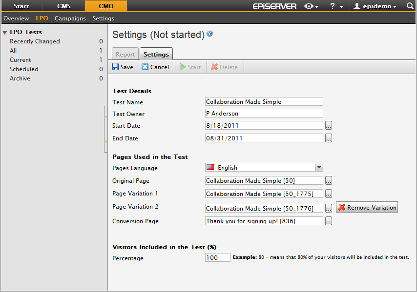 Create the LPO test vith the page versions.