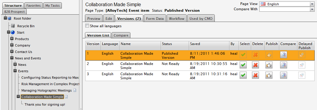 The version list of the created pages in the test.