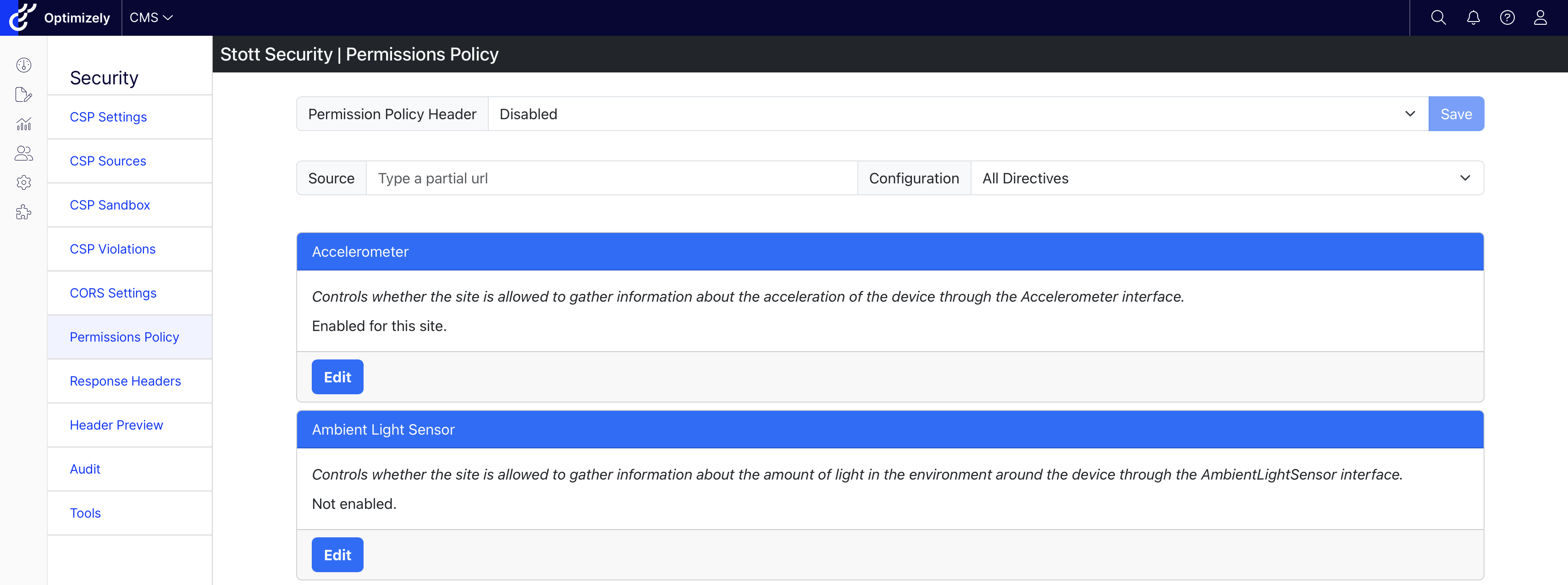 The Permission Policy listing for Stott Security