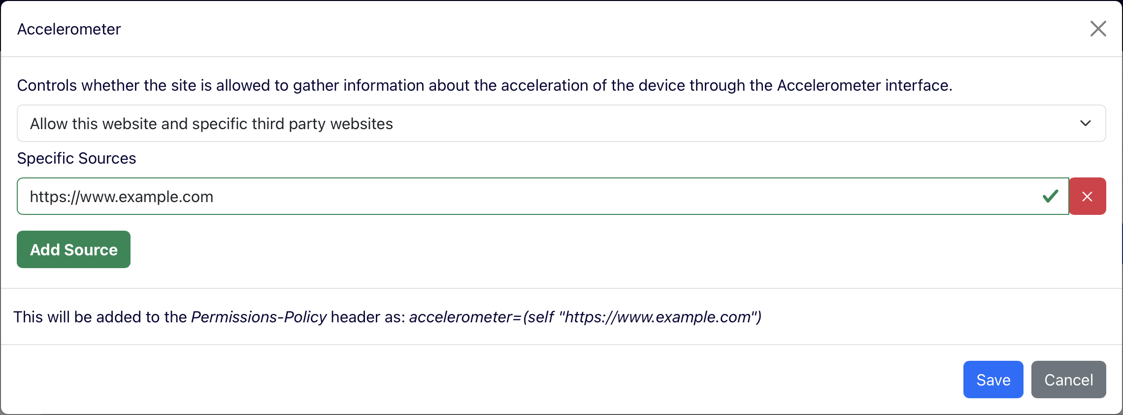 The Permission Policy modal for a single directive within Stott Security
