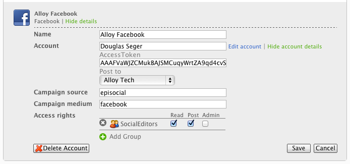 Settings details for one social media channel. 