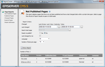 Report Center - Not Published Pages